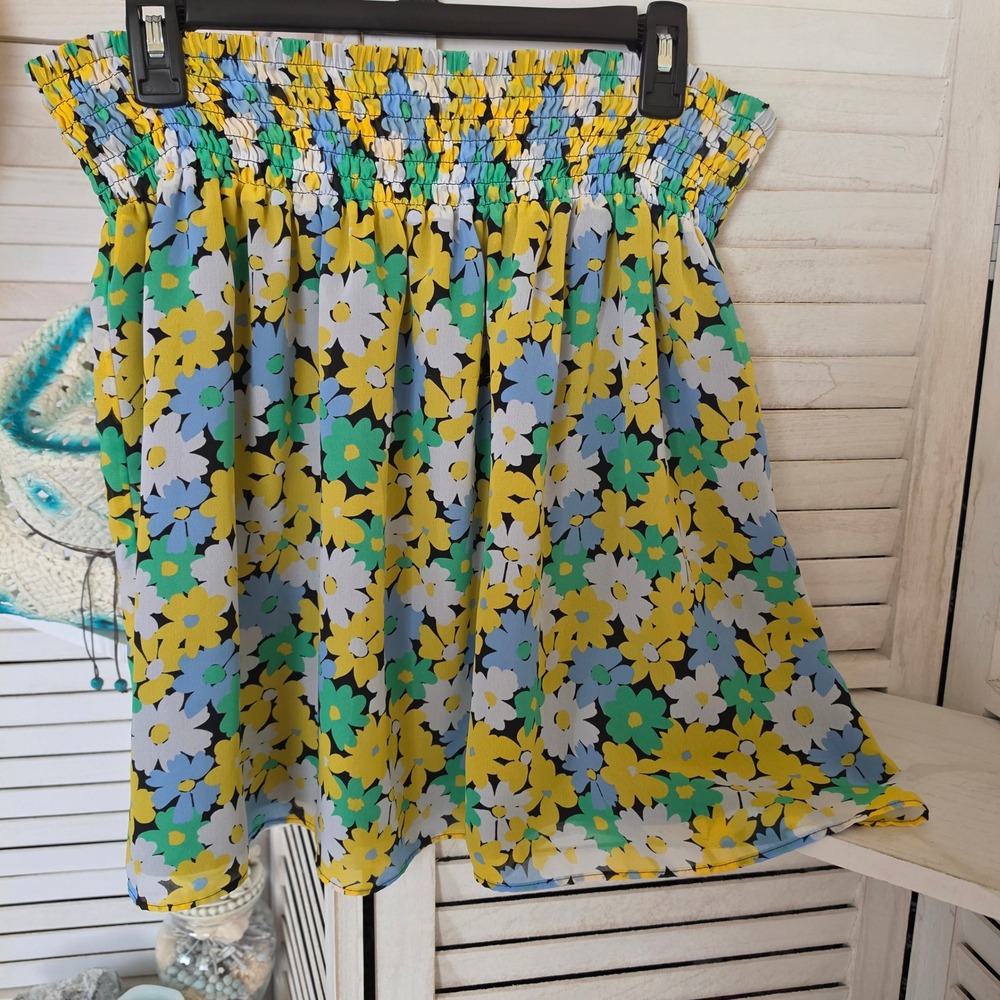 Loft Outlet Floral Mini Skirt XL Yellow Blue Daisy Smocked Waist Summer